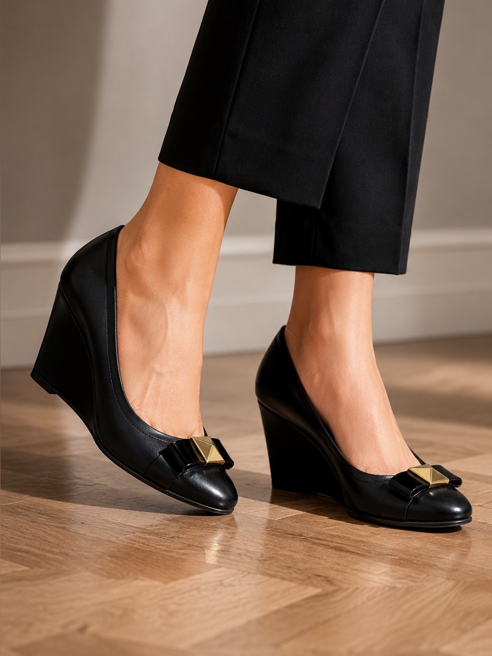 Kate Spade New York Black 9 Leather Wedge Pumps Gold Stud Accent Quiet Luxury